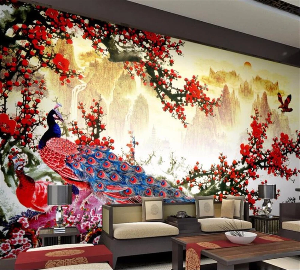 

beibehang Large custom wallpaper wall murals landscape Chinese painting plum peacock Chinese TV background wall paper