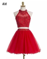 newest red short homecoming dresses 2021 beading tulle graduation cocktail formal prom party gown vestido de formatura bm137
