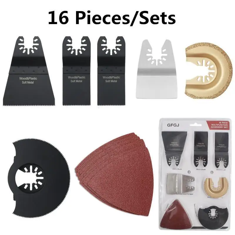 

16pcs/Set Woodenworking Grinding Cutting Tool Multi-Function Oscillating Saw Blade Abrasive sandpaper Power Tools Accessories