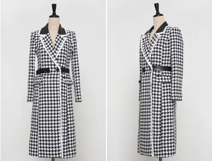 

2019 Winter Korean Houndstooth Woolen Long Coat Jacket Women Long Sleeve Notched Collar Belted Fashion Vintage Outwear Overcoat