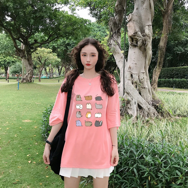 

Женская летняя футболка большого размера с принтом кошек, с круглым вырезом и полурукавами