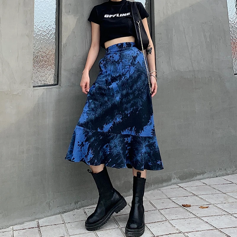 Готический Для женщин юбки синего цвета вареный с нижней частью Высокая Талия Slim