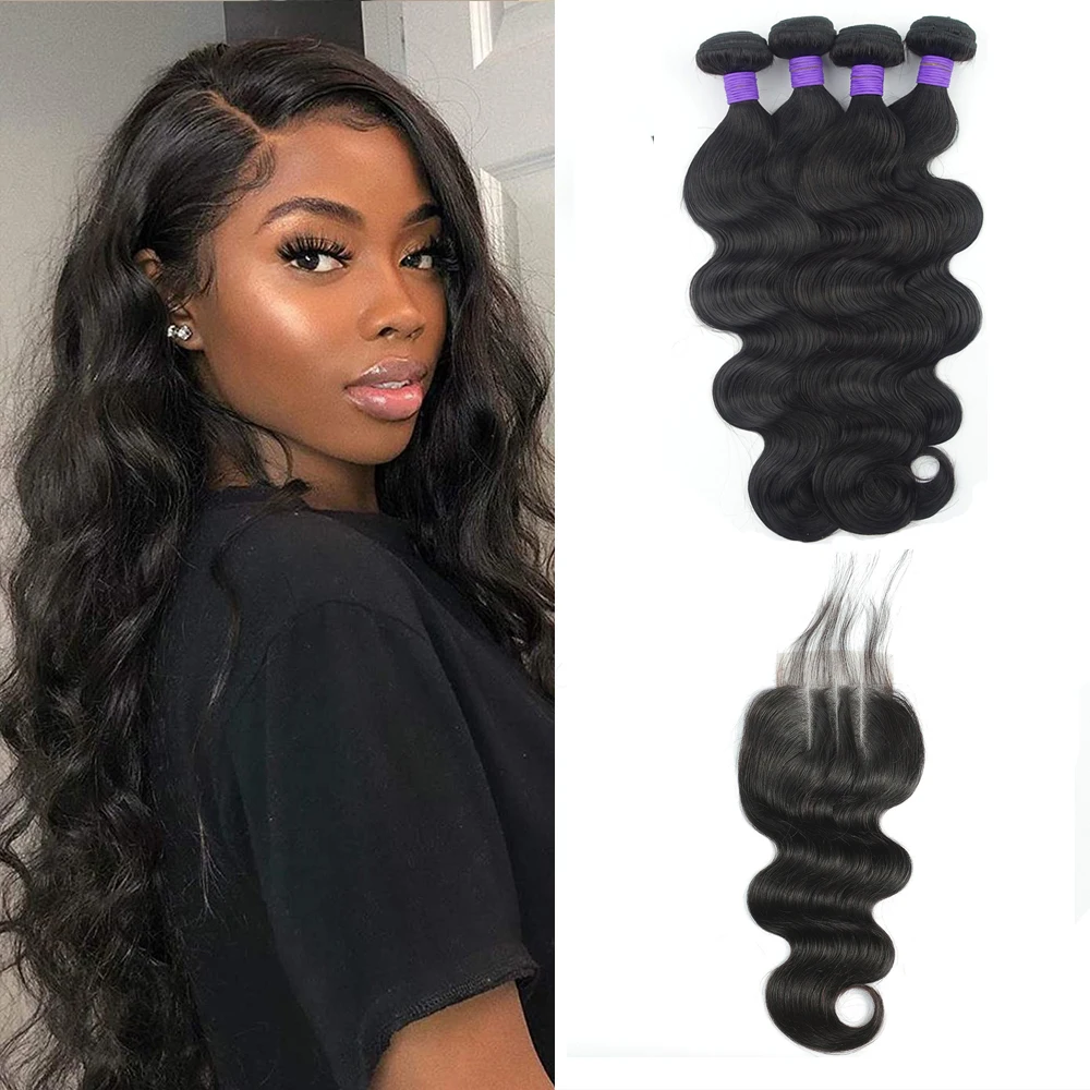 DOMINO Body Wave 3 Bundles Peruvian Hair With Closure Human Hair Bundles With Closure Lace 4X4 Closure Remy Human Hair Extension