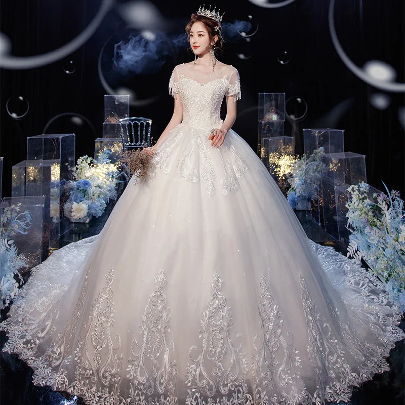 

Wedding Dress 2021 New Vestido De Noiva O-neck Luxury Lace 1.3m Brush Train Ball Gown Princess Robe De Mariea Customzie