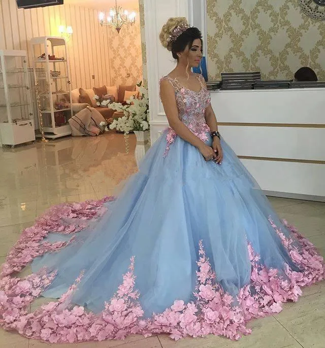 

Baby Blue 3D Floral Masquerade Ball Gowns Cathedral Train Handmade Flower Debutante Quinceanera Dresses Sweety Girls 15 Years