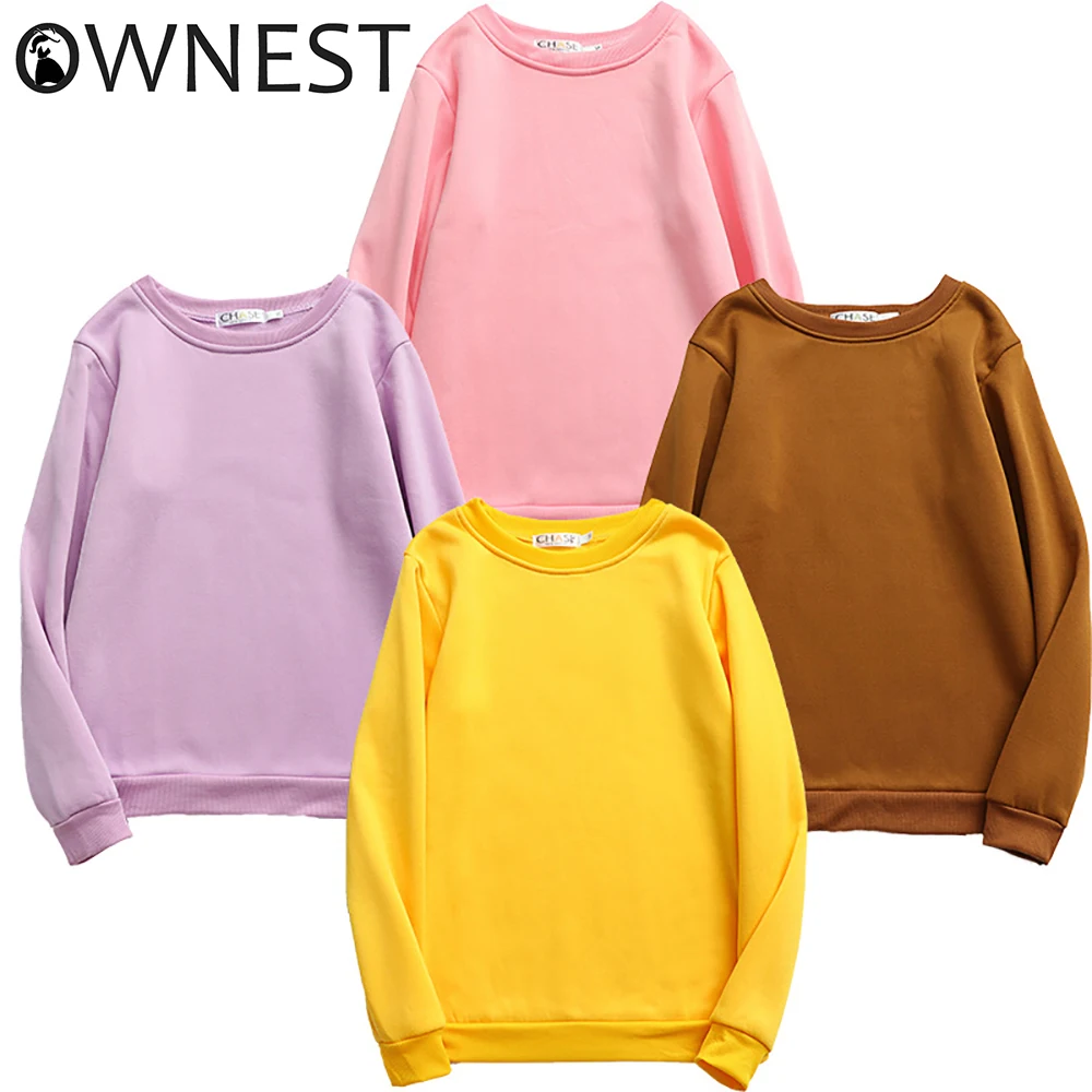 

Ownest Women Fleece Hoodies Yellow Round Neck Long Sleeve Solid Pullover Female Hoodie Women Sweatshirts Streetwear 2020