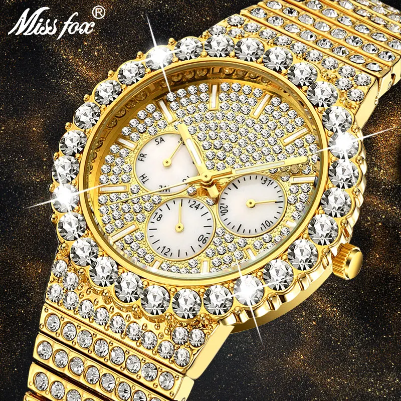 

MISSFOX мужские часы с большой радугой люксовый бренд 18 К золотые модные наручные часы для мужчин Лидер продаж Iced Out кварцевые наручные часы под...