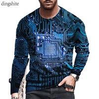 dingshite circuit board 3d digital printed funny long sleeve round neck t shirt men casual spring autumn milk silk t shirt