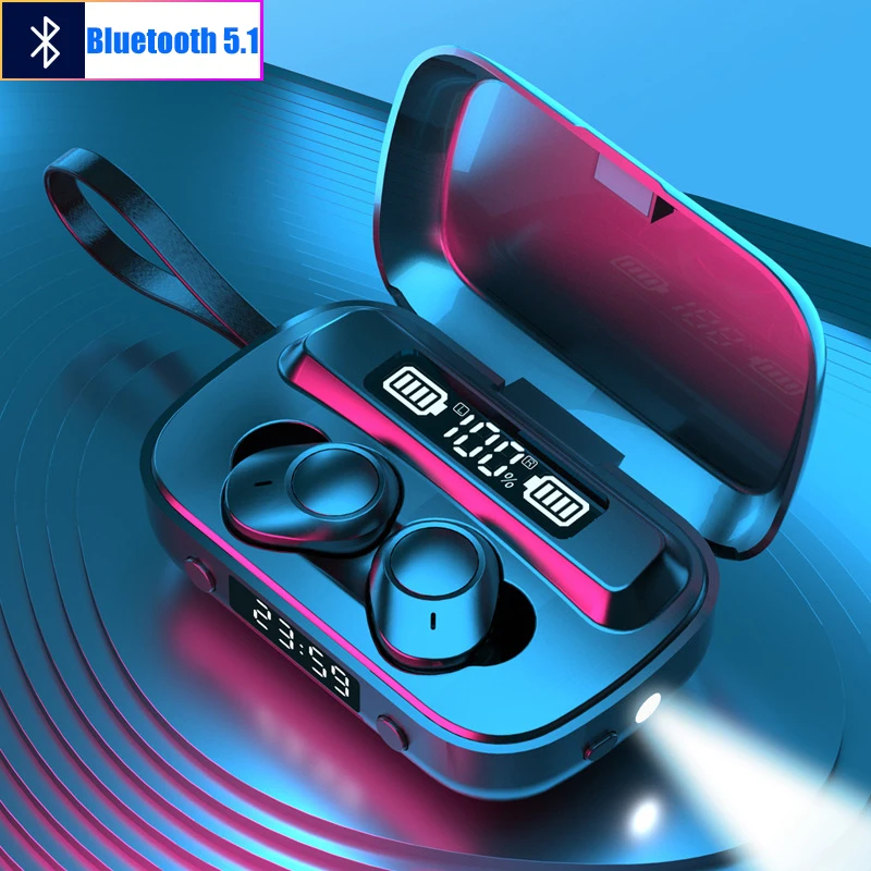 

TWS Bluetooth 5.1 Earphone Wireless Headphone Stereo Sports Headphones Mini Earbuds With LED Flashlight Clock Mirror function