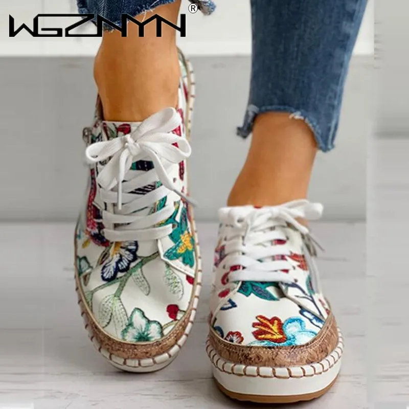 

Женские повседневные кроссовки на платформе, модные кроссовки с цветочным принтом, на шнуровке, с круглым носком, женская обувь для отдыха, ...