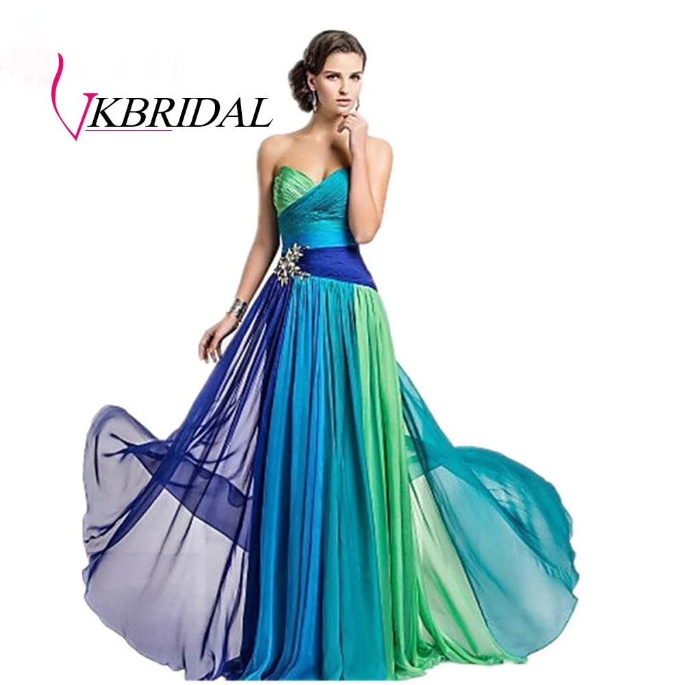 Женское длинное платье невесты VKBRIDAL синее шифоновое плиссированное с