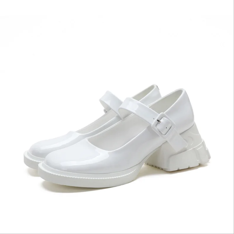 

New Mary Jane Single Shoes Ladies Wedge Heel Platform White Square Toe Flat Shoes Platform PU High Heels High Top Platform Shoes