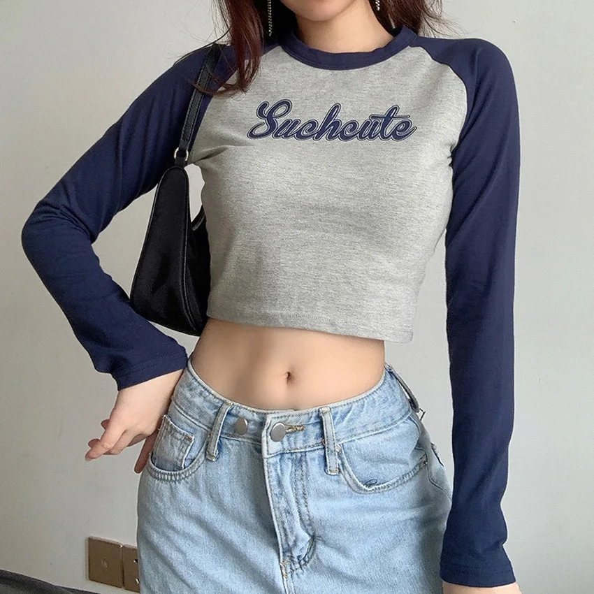 

Lusofie Panelled Cute Letter Print Cotton Y2k Aesthetic t shirt Women 2020 Harajuku O-Neck Long Sleeve Slim Crop Tops Tee Shirt