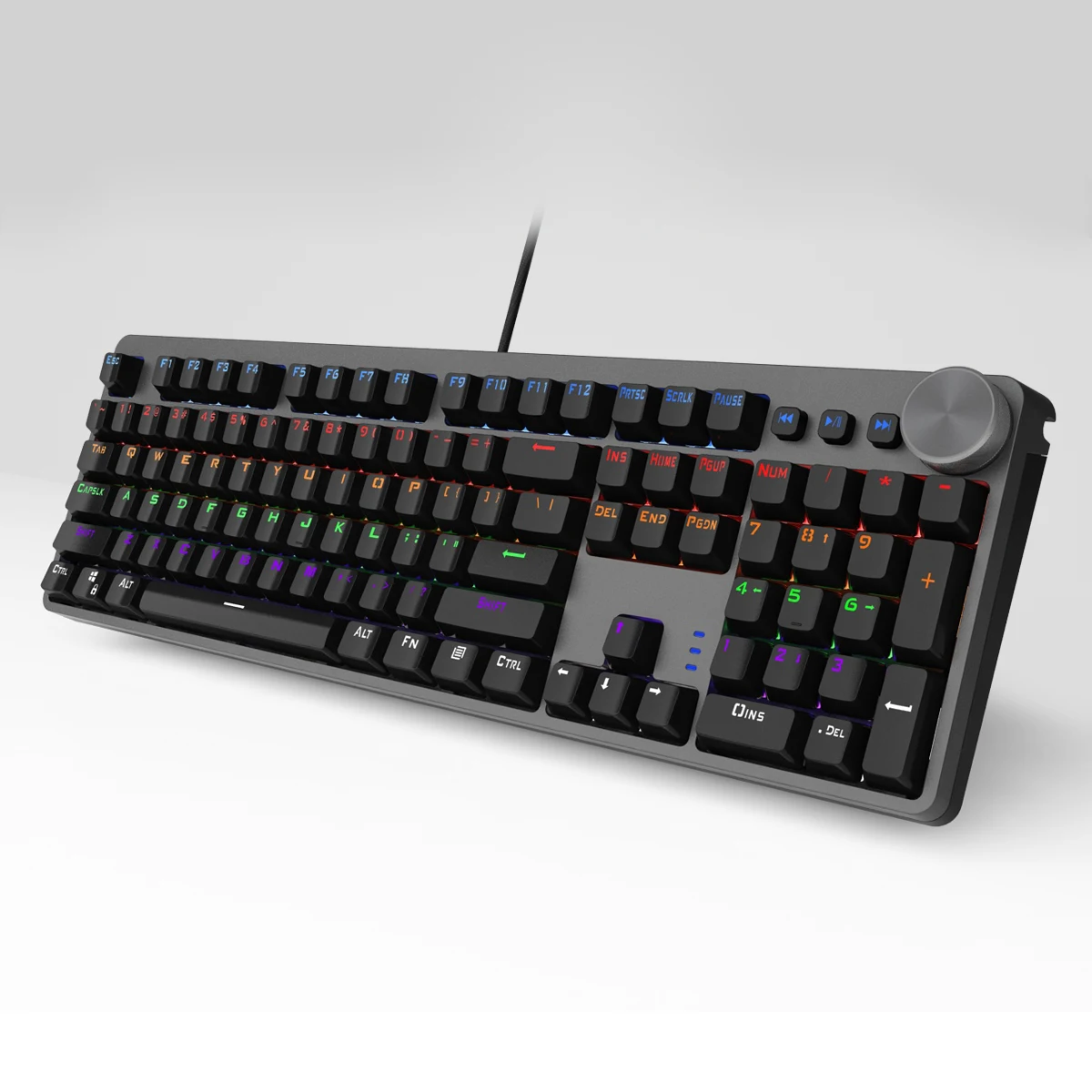For Wired Gaming Mechanical Keyboard with 104 Keys, Mixed Backlight, Black and Gray With Multi-Function Knobs French/US