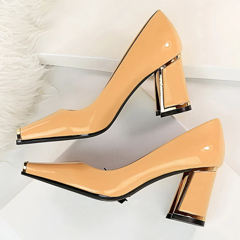 

New Women 7cm High Heels Pumps Nude Square Toe Block Low Heels Shoes Prom Platform Chunky Silver Wedding Bridal Party Red Pumps
