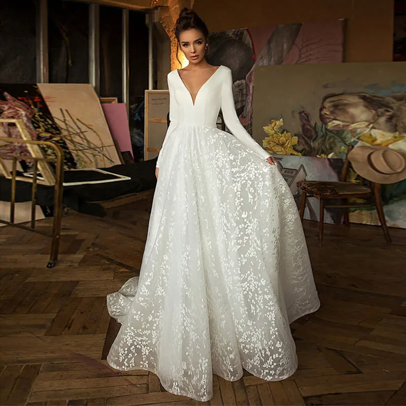 

Sexy V-neck Long Sleeve Elegant Wedding Dress Elegant Simple Slim Dress 2021 Spring/Autumn Fashion High-End Floor-length Dress