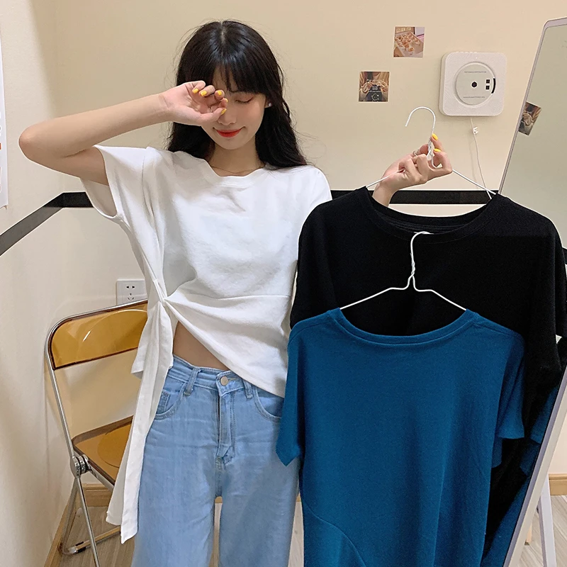 

Chic Short sleeve T-shirts Female Tops Loose O-neck Tee shirt Cotton splice irregular Tops 2020 Women T-shirt summer Blue White