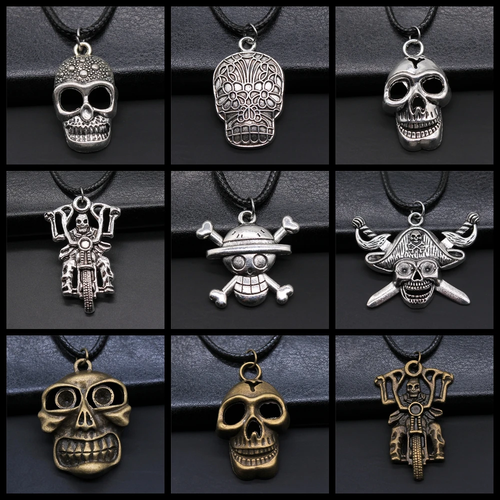 Винтажное ожерелье в стиле панк с подвеской виде пиратского черепа черное