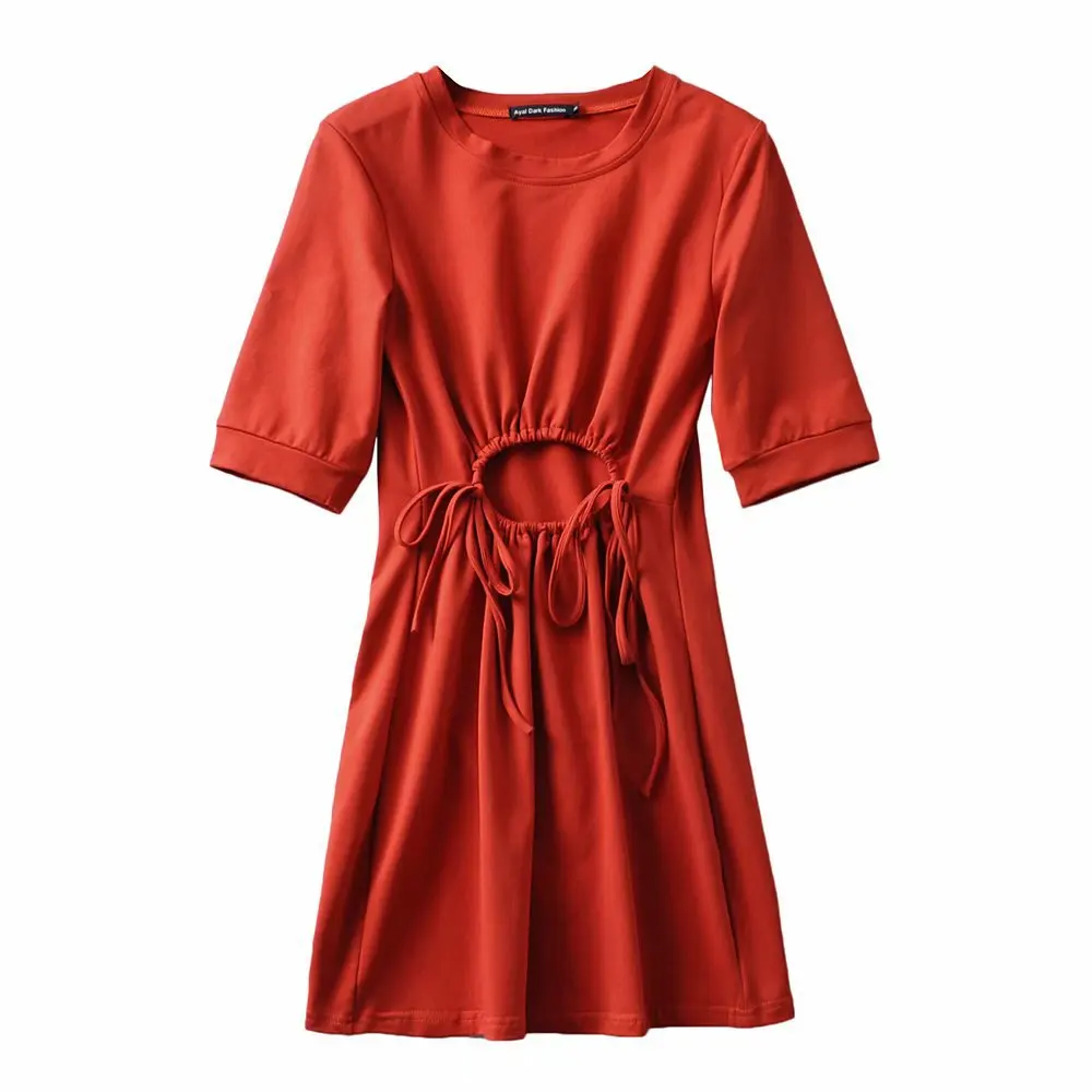 

2021 Summer Waist Hollow Tie Waist Skirt European and American Style Style Round-necked Short-sleeved Dress DLQZ1983