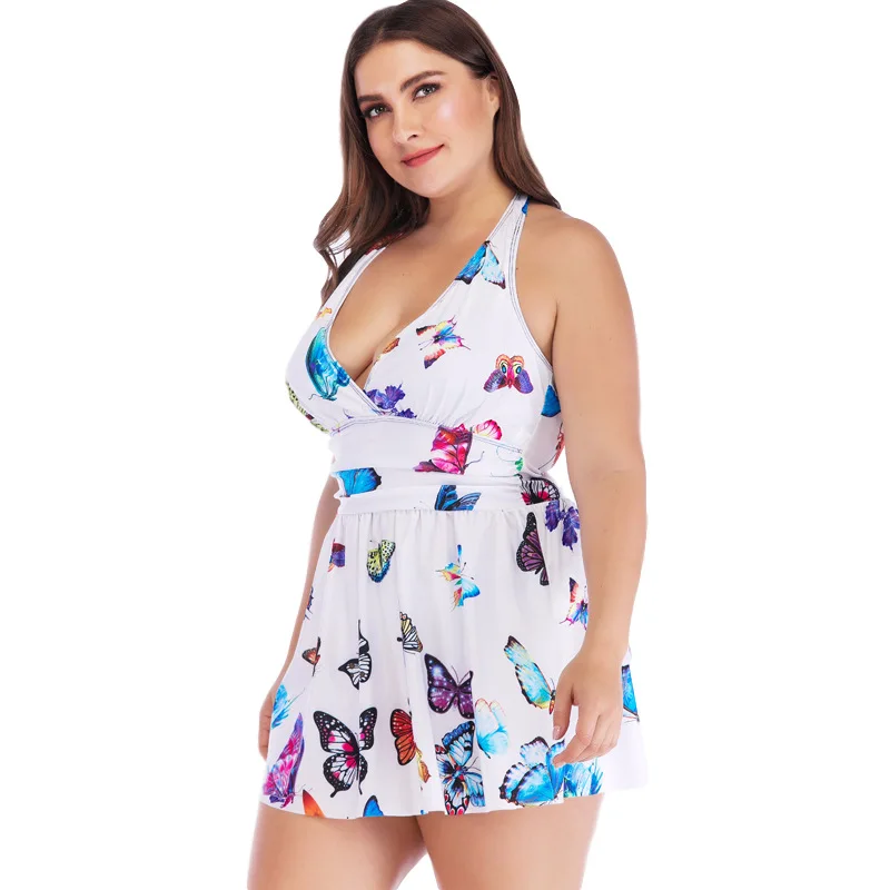 

Luren Plus Size Swimwear Foreign Trade Cross-border One-piece White Conservative Colorized Butterfly Printed Women's Swimsuit