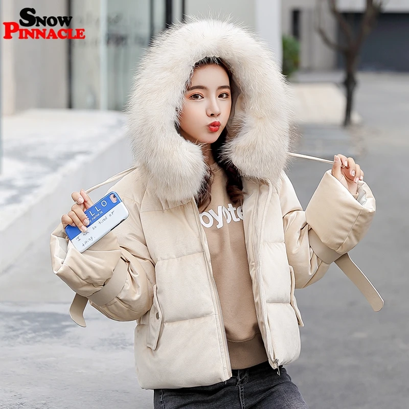 SNOW PINNACLE Autumn Winter short parkas jacket Pink flannel fabric big fur thick warm hooded jacket coat Styled fashion parka