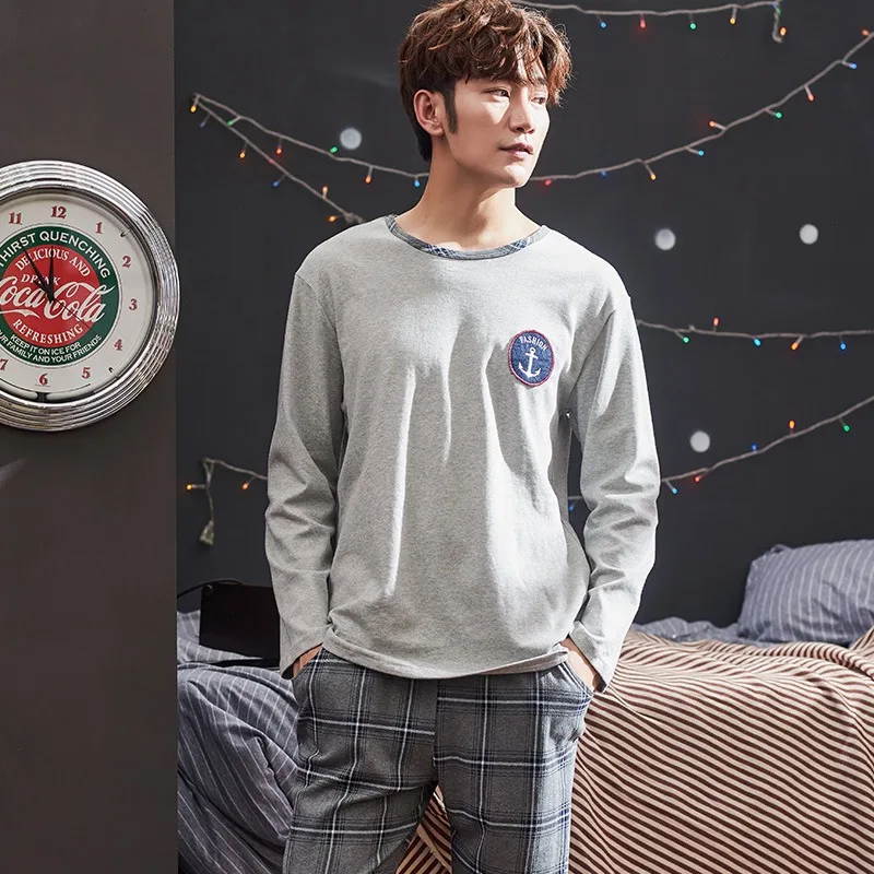 

Men's long sleeve cotton pajamas, 100% autumn and winter, informal painting pajamas, underwear, family clothing, 2020