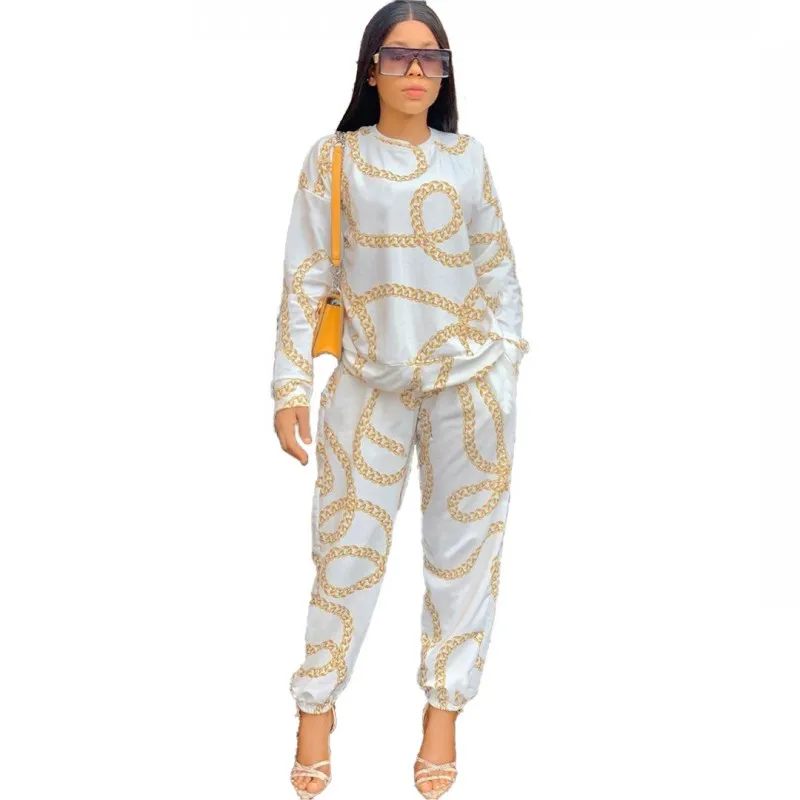 

Fashion Chain Print 2 Piece Set Women O Neck Full Sleeve Sweatshirt Tops And Pants Suit 2020 Autumn New Office Lady Leisure Sets