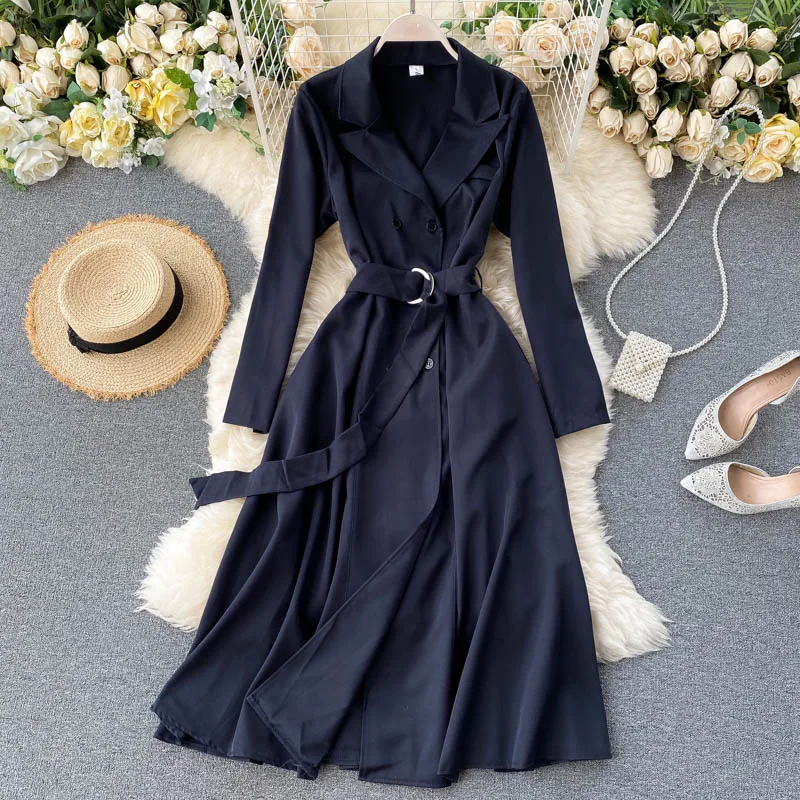 

Autumn Long Sleeve Trench Style Women Dress Blazer Collar Slim With Belt A-line Elegant Long Dress Ladies Office Chic Dresses