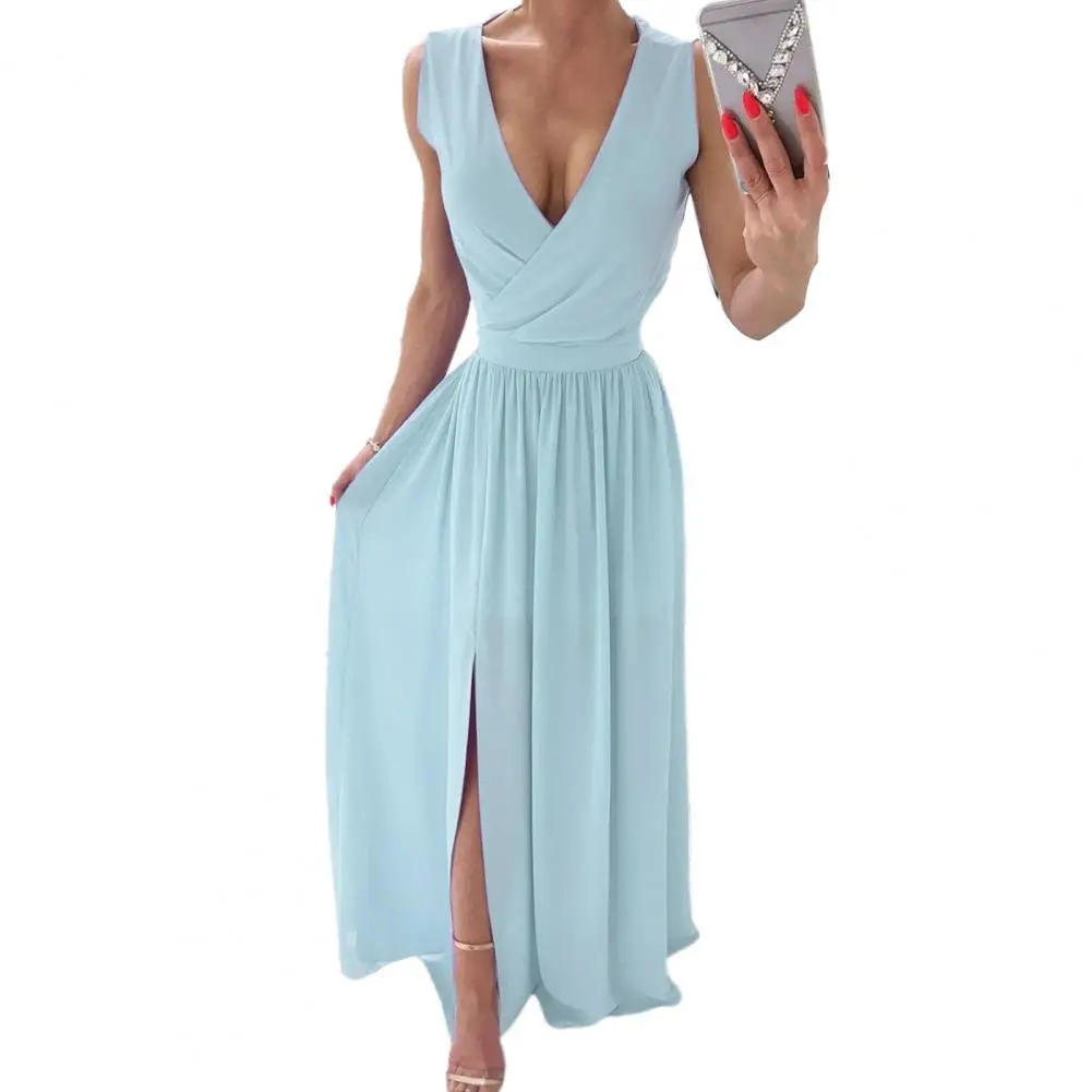 

New Summer Women Formal Dress Elegant Solid Color V Neck Split Large Hem A-Line Wedding Party Dresses Banquet