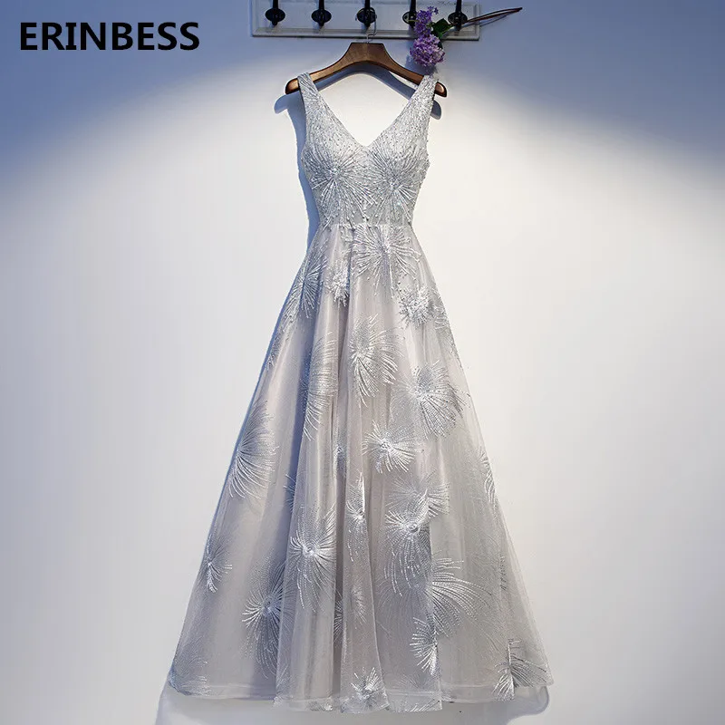 

Vestido De Festa V-neck Long Prom Dresses Appliques Sliver Gray A-line Prom Dress Sweep Train Women Formal Gowns 2020