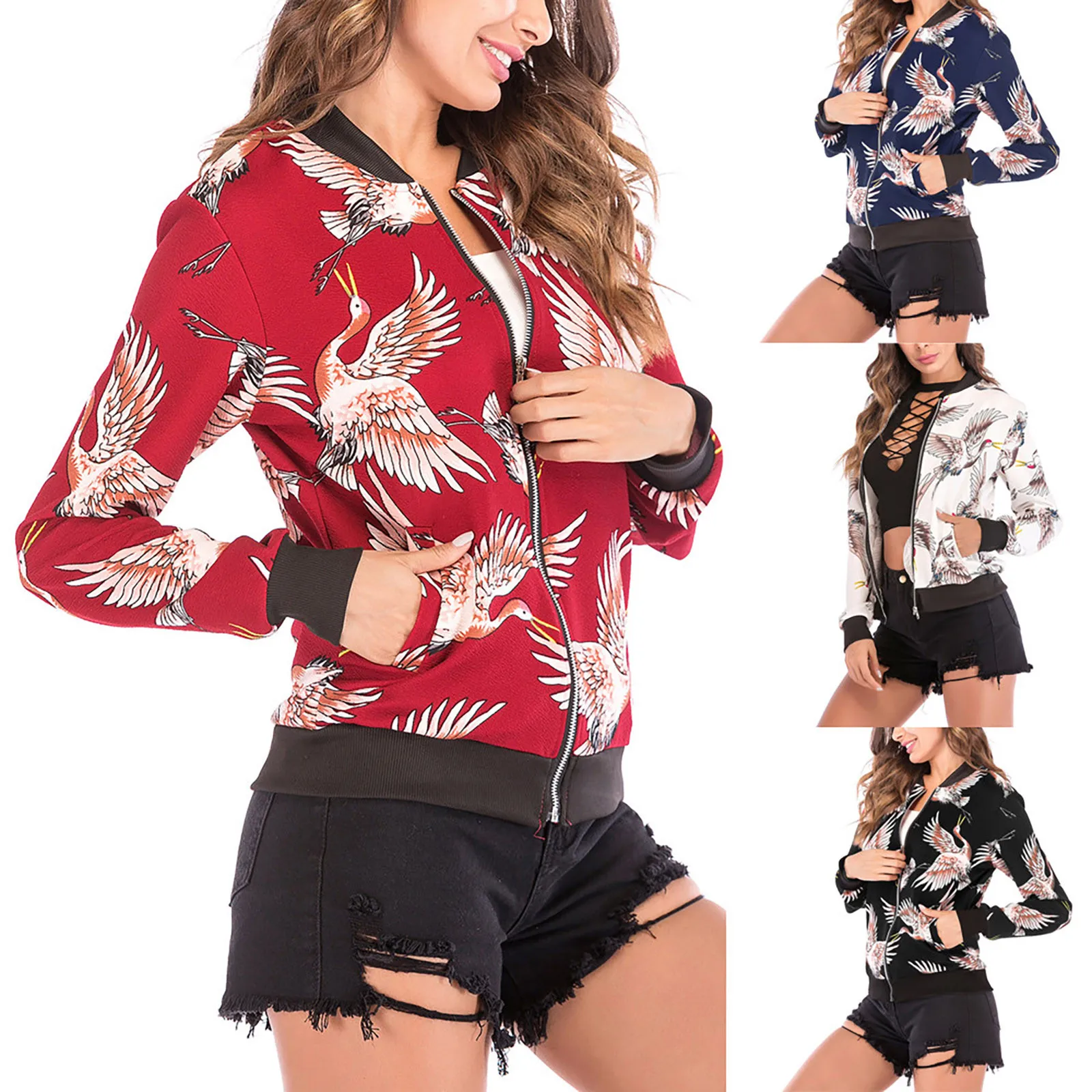 

Vintage Autumn Ladies Jacket Flower Print Women Fashion Zipper Up Long Sleeve Casual Coat Slim Basic Bomber Jackets