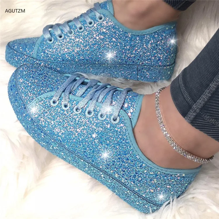 

Women Sequins bling PU Leather Vulcanized Shoes Lace up Female Sneakers Fashion 2020 New Platform Woman Shoes Walking Footwear