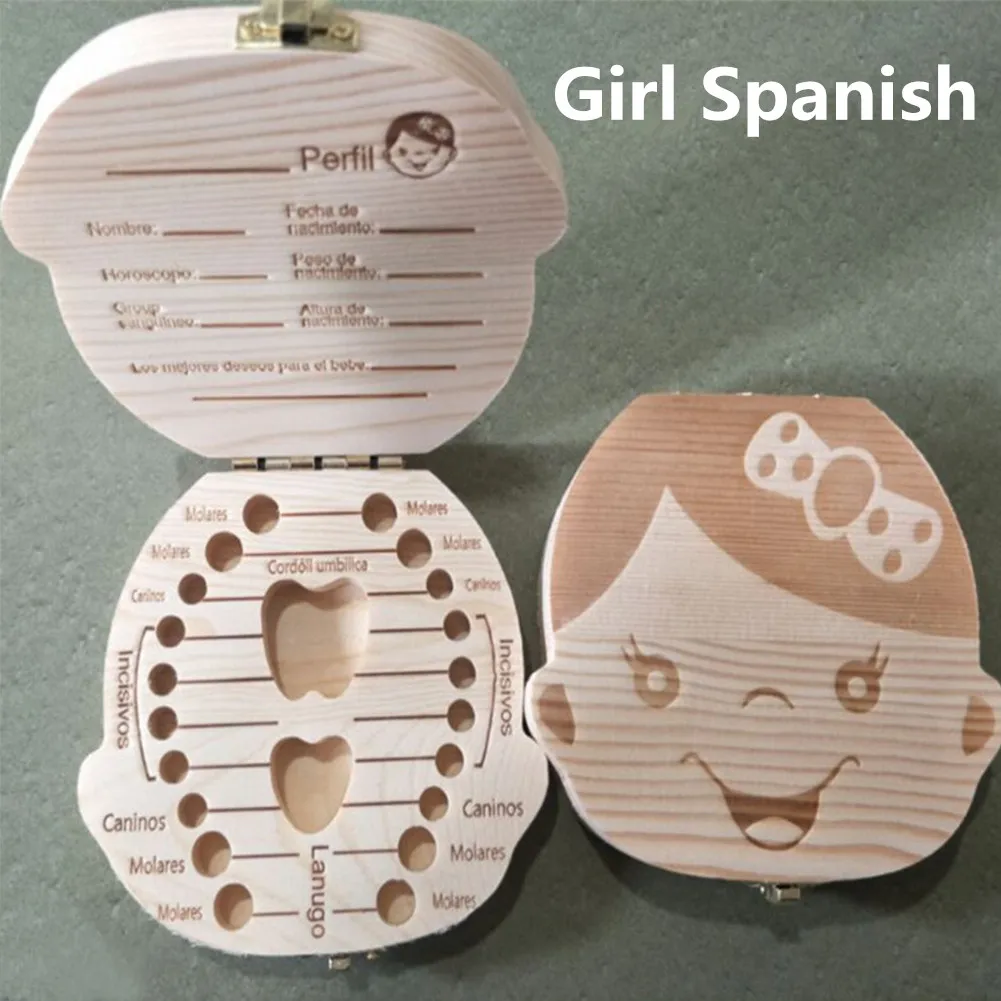 Girl Spanish Деревянные детские молочные зубы коробка Детские сувениры Фетальные волосы зуб Коллекция Деревянный чехол - Цвет: Girl Spanish