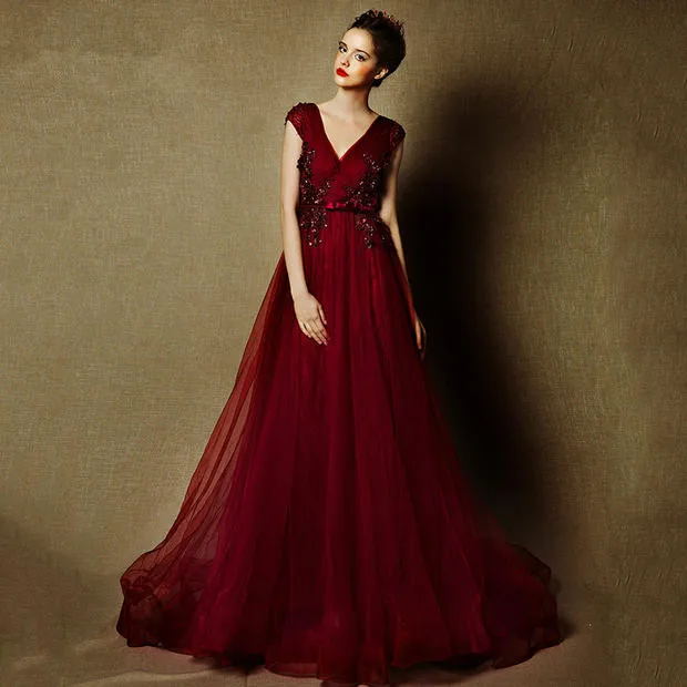 

Formal prom gown v-neck deep red tulle a-line sashes long Evening Dress 2016 sexy backless cap sleeve robe de soiree vestidos