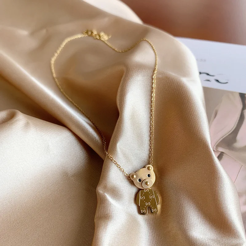 

New High Quality Titanium Steel Bear Female Fashion Jewelry Golden Necklace Pendant Chain Fashion Accessories Jewel Women Gifts