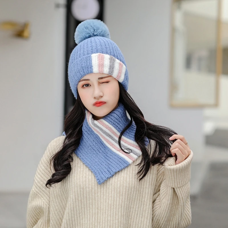 

Women Winter Knit 2Pcs Beanie Hat Turtleneck Collar Circle Scarf Set Contrast Color Striped Plush Lined Pompom Skull Cap