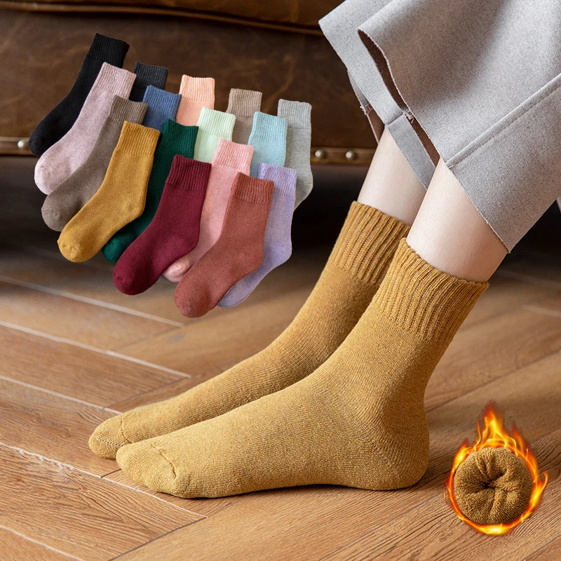

Women Plush Socks Autumn And Winter Thick Warm Socks Girl Solid Color Socks Tube Cotton Towel Artificial Wool Socks 1 pair