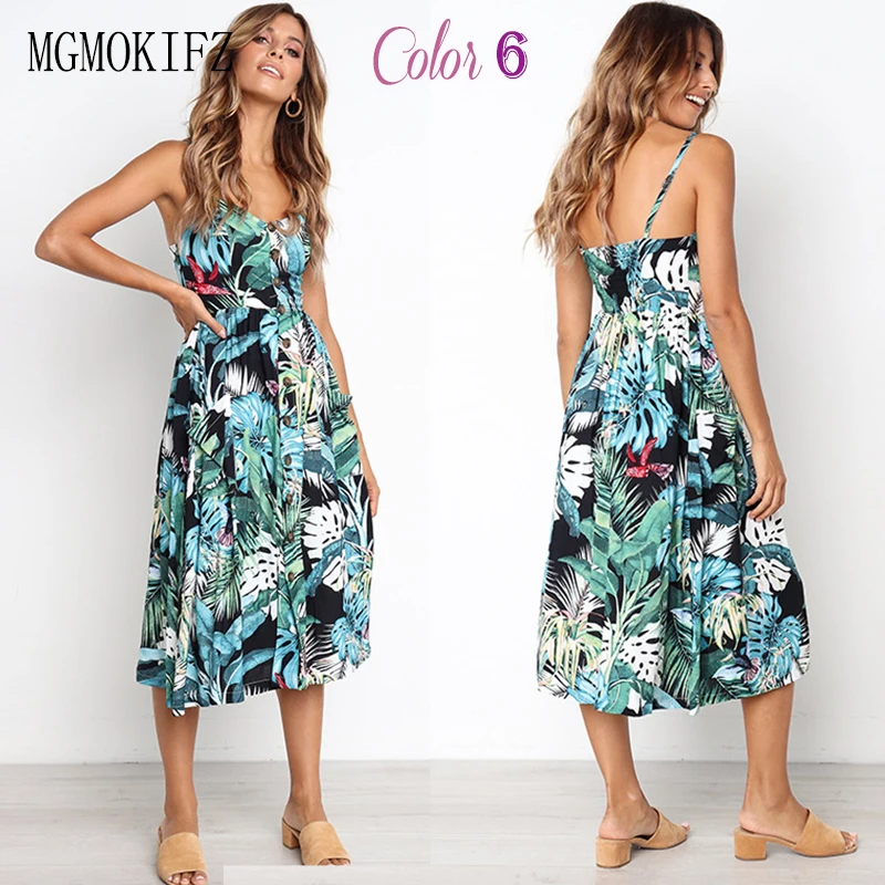 Boho Цветочный принт летнее платье Для женщин V шеи Карманы миди без рукавов платья