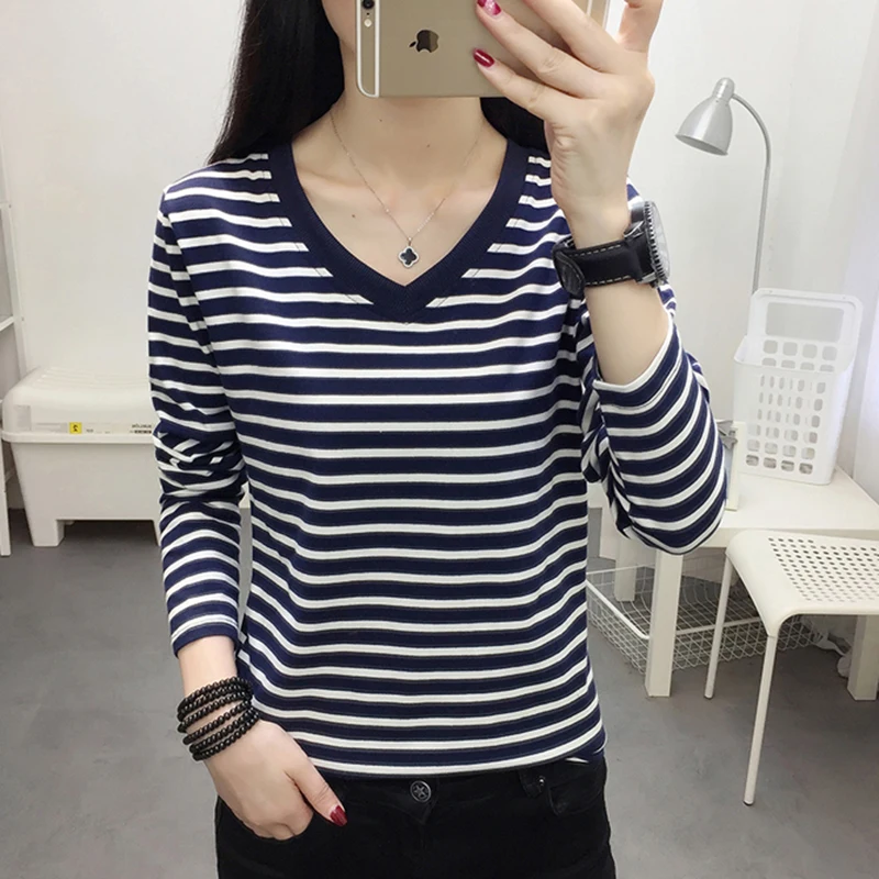 

AOSSVIAO Plus Size White T Shirt Women Cotton Autumn Tops Female T-shirt Long Sleeve Striped Black Tee Shirt Femme New 2022