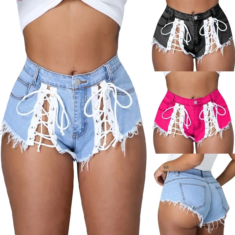 

Women Summer Denim Jeans Shorts Hollow Out Bandage Tassel Skinny Bodycon Jean Short Pants S-XXL