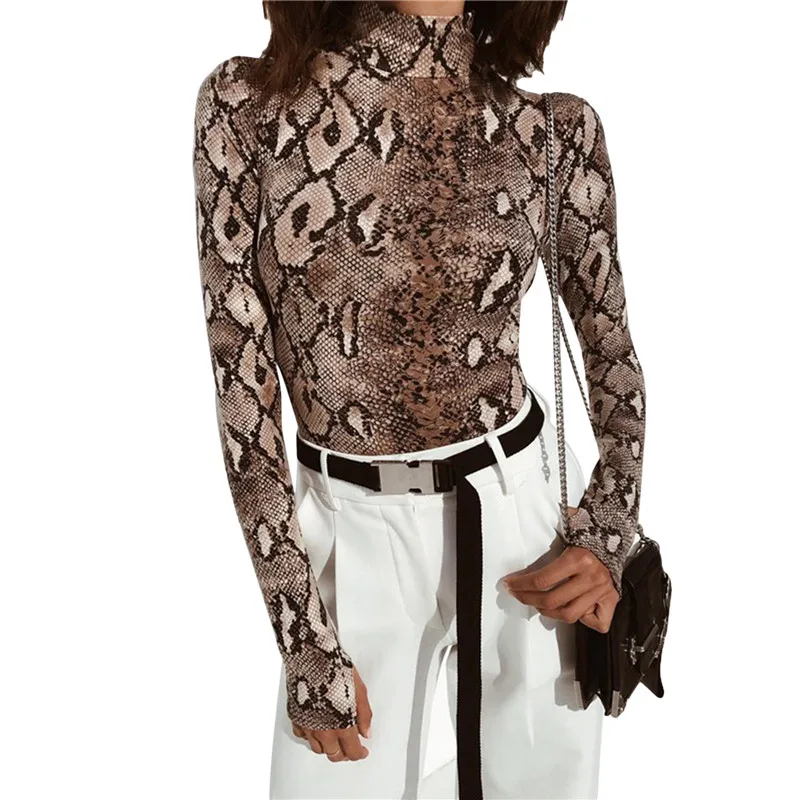 

Hot Sexy Snake Pattern Women Bodysuit Fashion Turtleneck Long Sleeve Bodycon Slim Romper Clubwear Party Female Jumpsuit
