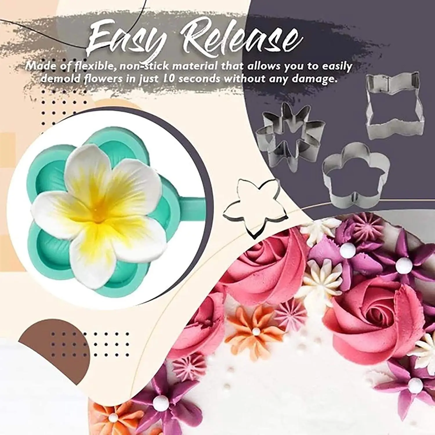 Силиконовые формы в виде лепестков цветов 4 вида с резаком из нержавеющей стали
