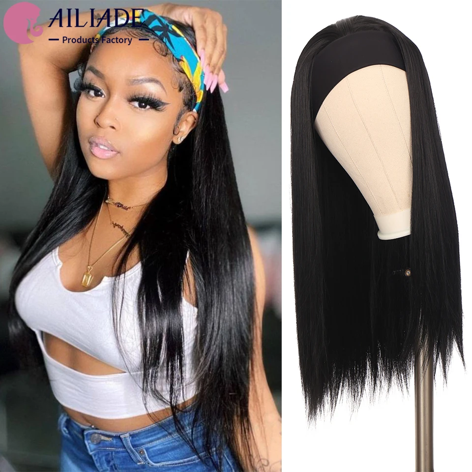 

AILIADE Long Straight Headband Wig Synthetic Hair Heat Resistant Wigs for Black Women Black Brown Headwraps Hair Wig