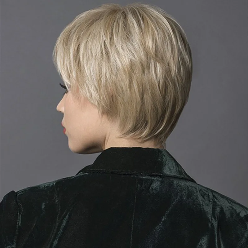 

Ladies Short Blonde Straight Wig With Side Part Bangs Synthetic Wig For Women Daily Party Use