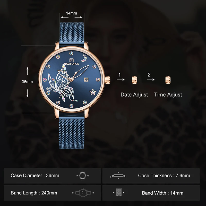 NAVIFORCE женские часы роскошный бренд яркие бабочка модные кварцевые женский