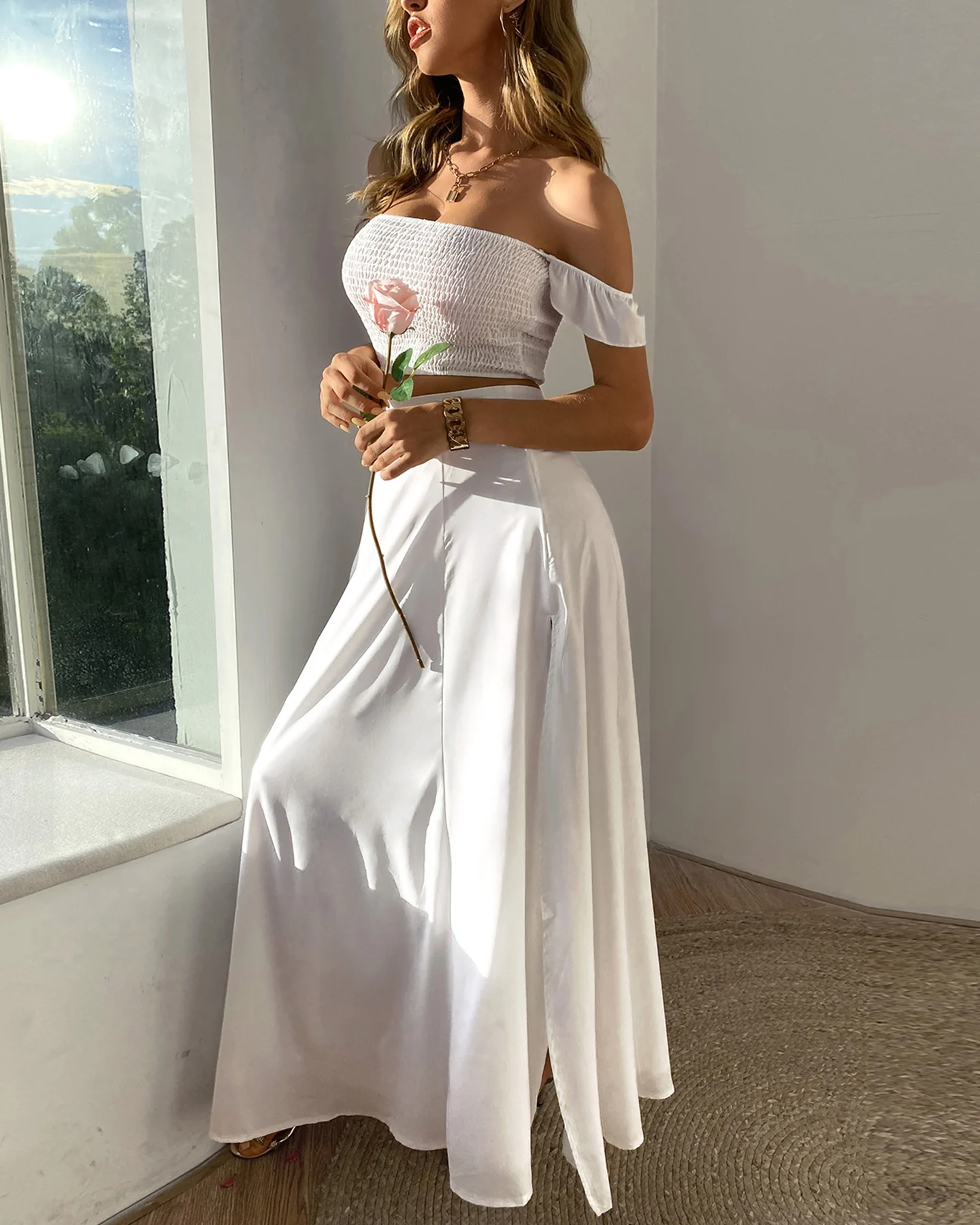 

Spring Summer Women's Ruffles Top & Skirt Set 2021 New Femme Off Shoulder Floral Print High Slit Dress Ladies Maxi Sexy Outfits