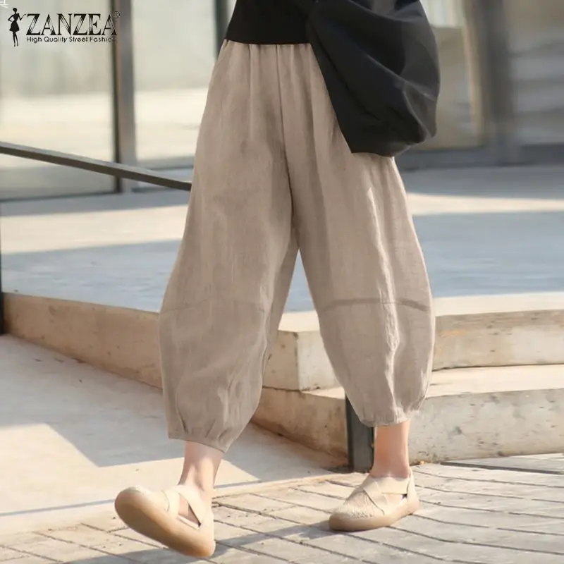 

ZANZEA Female Solid Turnip Oversize 2021 Elegant Lantern Pants Women Autumn Trousers Casual Elastic Waist Long Pantalon Palazzo