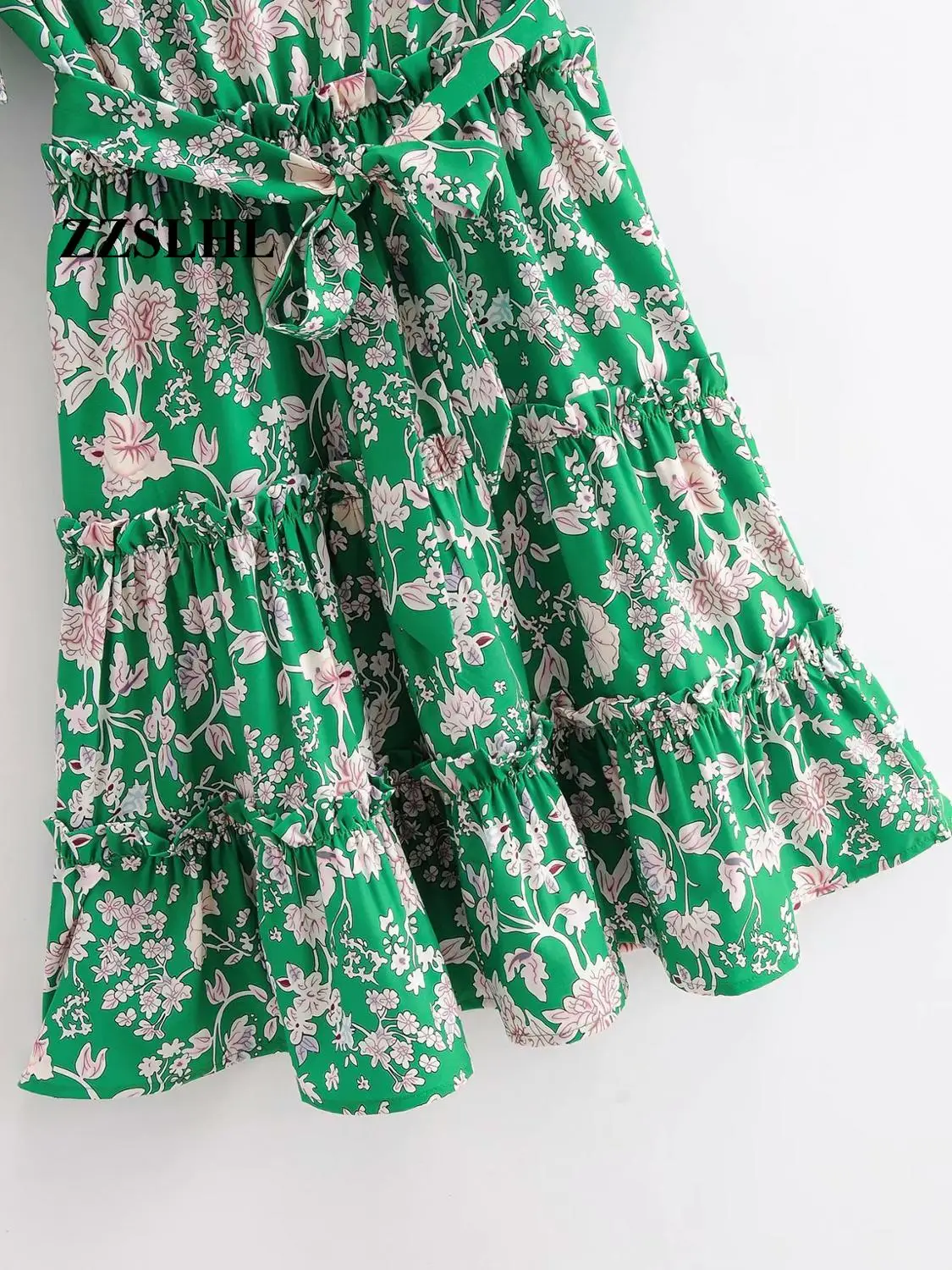 

women ethnic v neck short sleeve flower print green mini dress female pleated ruffles sashes vestidos chic casual dresses DS3845