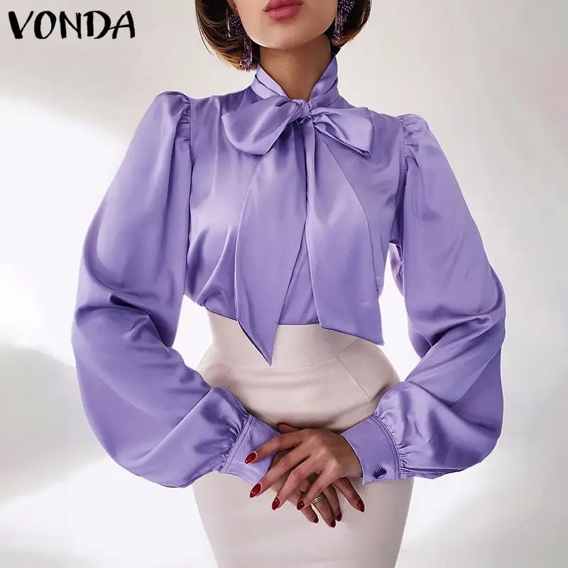 

Женские топы VONDA 2021, повседневные плиссированные блузки с длинным рукавом и круглым вырезом, однотонные офисные рубашки S- Ladies, женские богем...