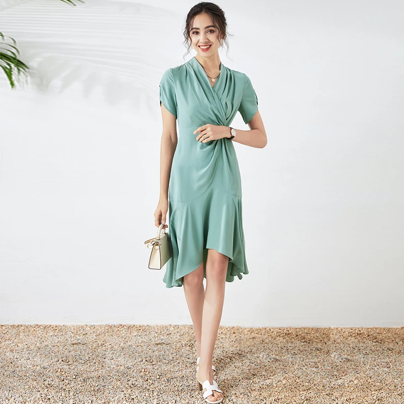 

Pink Heavy Satin Dress Summer Blue Slim Asymmetric Ruffle Mermaid Dress Women V Neck Solid Simple Basic Dresses Short Sleeve 21